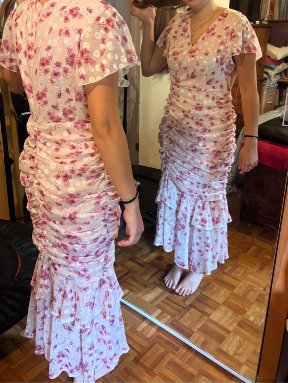 SHEIN Pink Floral Ruched Maxi Dress with Ruffle Hem